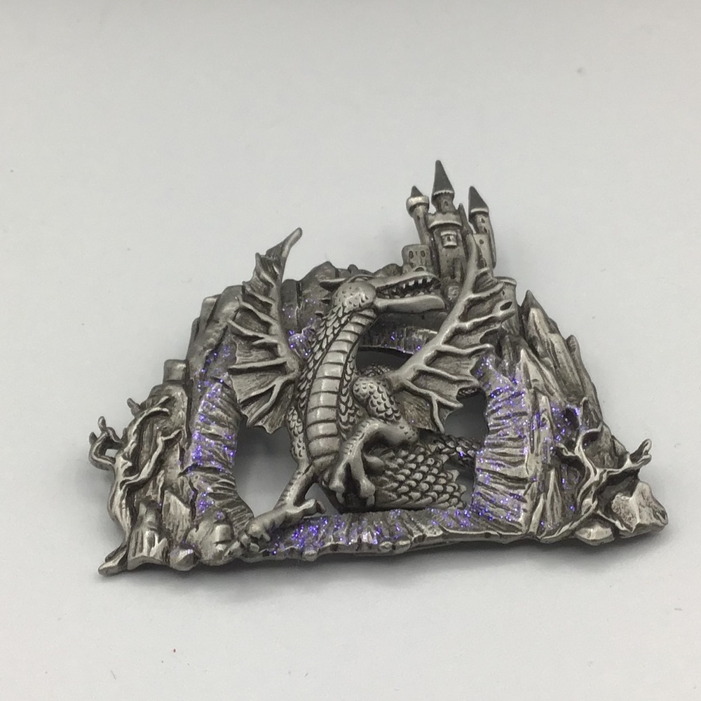 JJ Jonette Mythical Dragon Emerges From Cave Beneath Castle Brooch Pin